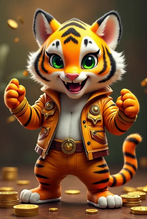 " A vibrant character inspired by an anthropomorphic tiger,  with a strong and striking color design .  He has bright orange skin with striking black stripes ., wide, expressive emerald green eyes ,  and a confident smile that exudes luck and charisma .  T...