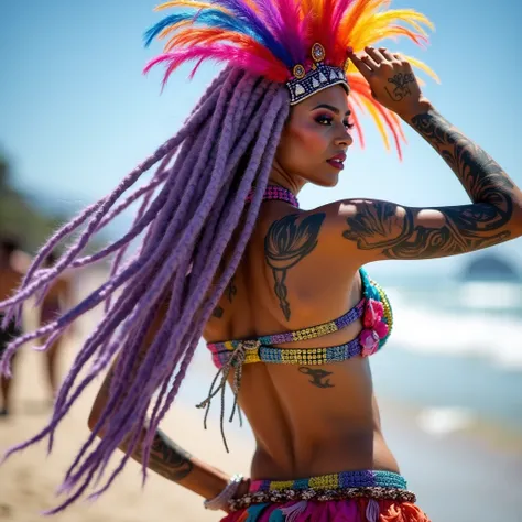  a beautiful woman with very tattooed long platinum purple hair and dreadlocks are dancing at the carnivals in Rio de Janeiro,  she wears a colorful feather back ,  colorful feather crown , rhinestone bikini with colored feather,glitter on the skin  , with...