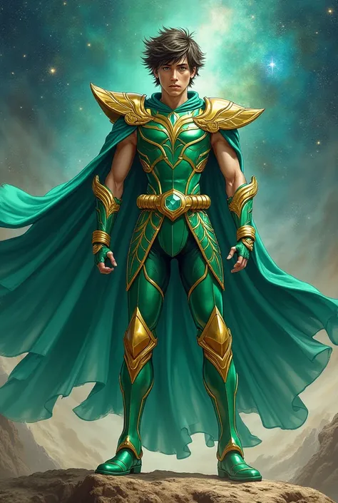 16-year-old young man wearing the armor with green reflections of the extraterrestrial Saint Seiya, Manga painting