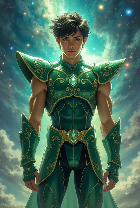 16-year-old young man wearing the armor with green reflections of the extraterrestrial Saint Seiya, Manga painting