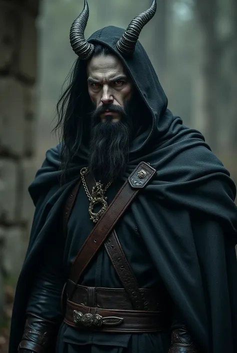 1 male, 27 years old, beared no moustache,long black hair,  coloured gray skin, ((grey skin)), demon horns, red eyes, medieval clothes, cape with a wood