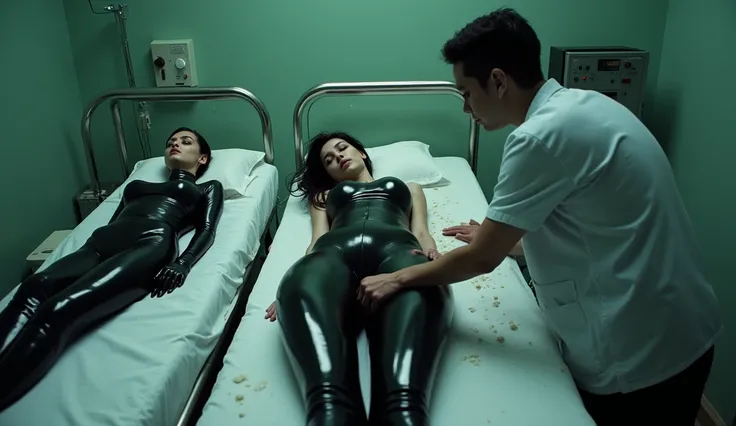 A morgue， There are three stainless steel autopsy beds from left to right，High viewing angle， Three dead girls lying on the bed， Wearing black patent leather full-coverage pantyhose， not wearing shoes， Very close fitting and sexy。 A coroner in a nurse's un...