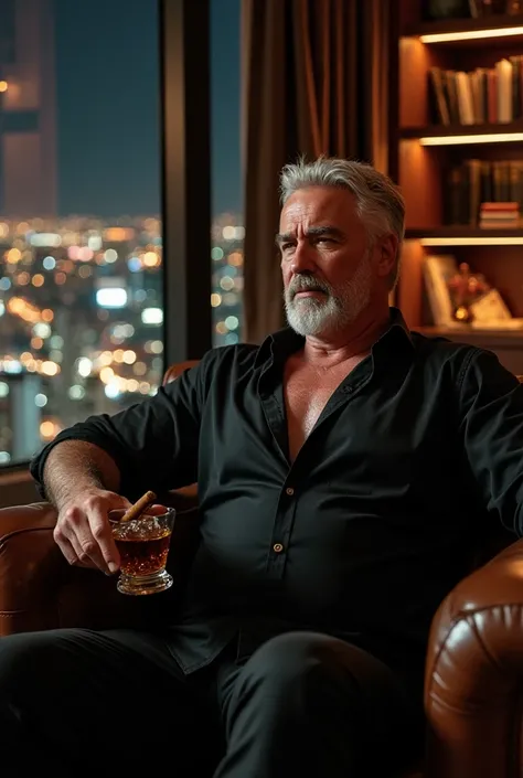 A mature man with gray hair and a trimmed beard is sitting on a leather sofa in a luxurious penthouse with a panoramic view of the illuminated city at night. He wears the same open black shirt ,  holding a cigar and a glass of whiskey with ice . Behind him...