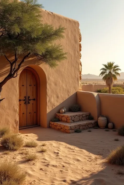  designed to withstand the heat of the desert , typique de l'architecture de Médine au 7ème siècle. Les murs sont épais et texturés,  with shades of beige and ochre ,  designed to withstand the heat of the desert . Le toit est plat,  illuminated by the gol...