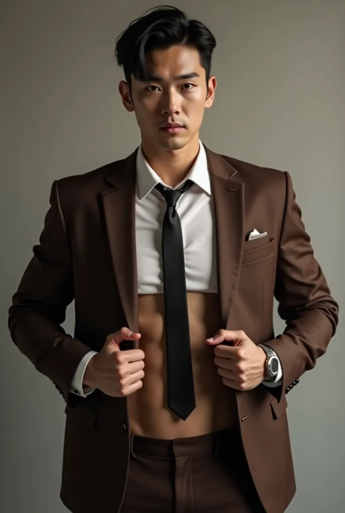  sexy black Korean man in a brown suit opening the black suit the first button on the top of the white blouse , taking off the tie  