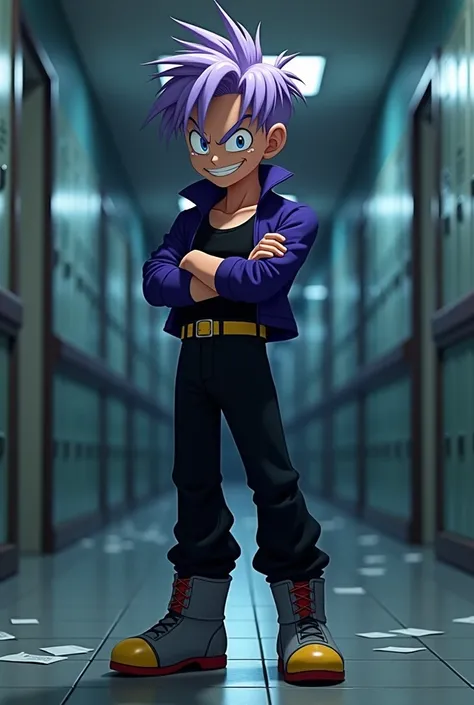 Create a dramatic Disney-Pixar 3d style scene featuring Trunks from Dragon Ball Z, standing in the dimly lit school hallway, his expression twisted into a wicked, almost sinister grin. His bright blue eyes gleam with malice, narrowed as he tilts his head s...