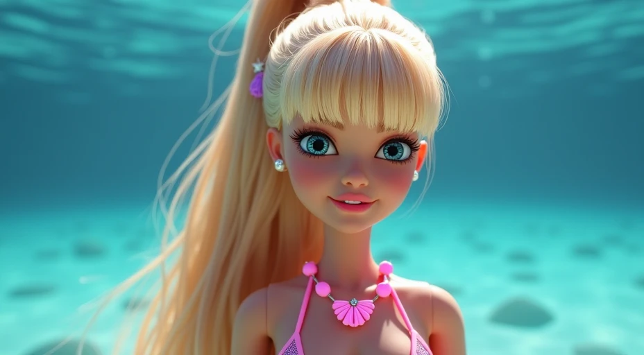 Full portrait, 3d Mattel Barbie movie animation,Looking at viewer, Long Hair, Blonde Hair, Bangs, Shiny Hair, Gradient Hair, High Ponytail, Straight Hair, Tied Hair, Wet Hair, Partially Underwater Shot, mermaid looking, Tiara, Hair Tie,  a pink curled mage...