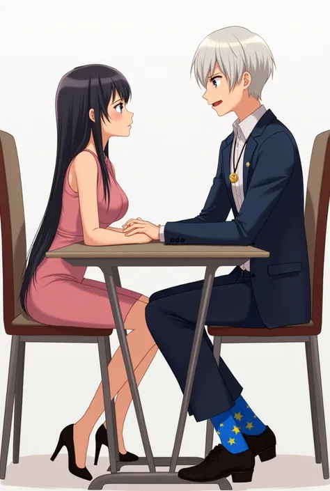 :  Basically they are sitting at a table next to each other but he has his back to her An office table
If he can make the expressions he will be kind of laughing and she with an angry expression Her clothes :  a pink dress past the knee .  The dress is glu...