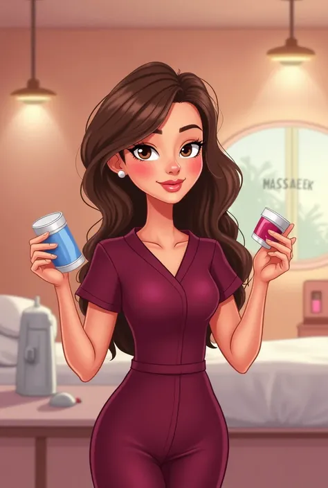 Pixar-style poster cartoon short woman , masseuse in a wine-colored surgical suit,  long brown hair, limp,  brown eyes woman of medium build with a massage booth in the background that says masseuse Elizabeth and who holds masks and skin creams in her hand...