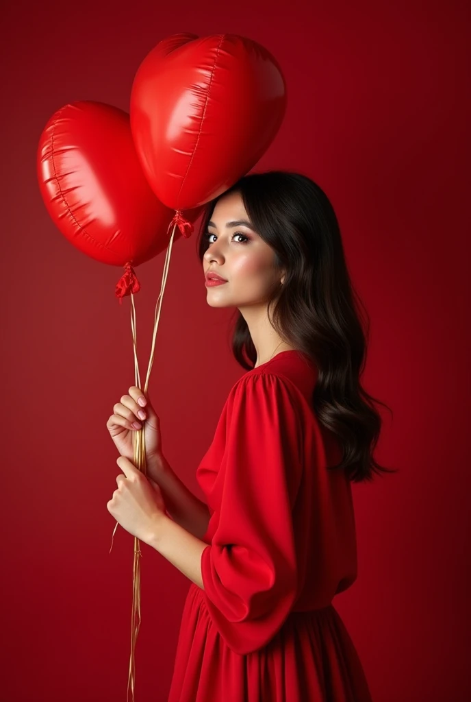 Photo of a professional model A beautiful brunette girl standing in the studio in a red dress with red balloons in the shape of a heart, the girl is clearly visible at her full height in studio lighting,  realistic skin,  perfect facial detail ,  bright ma...