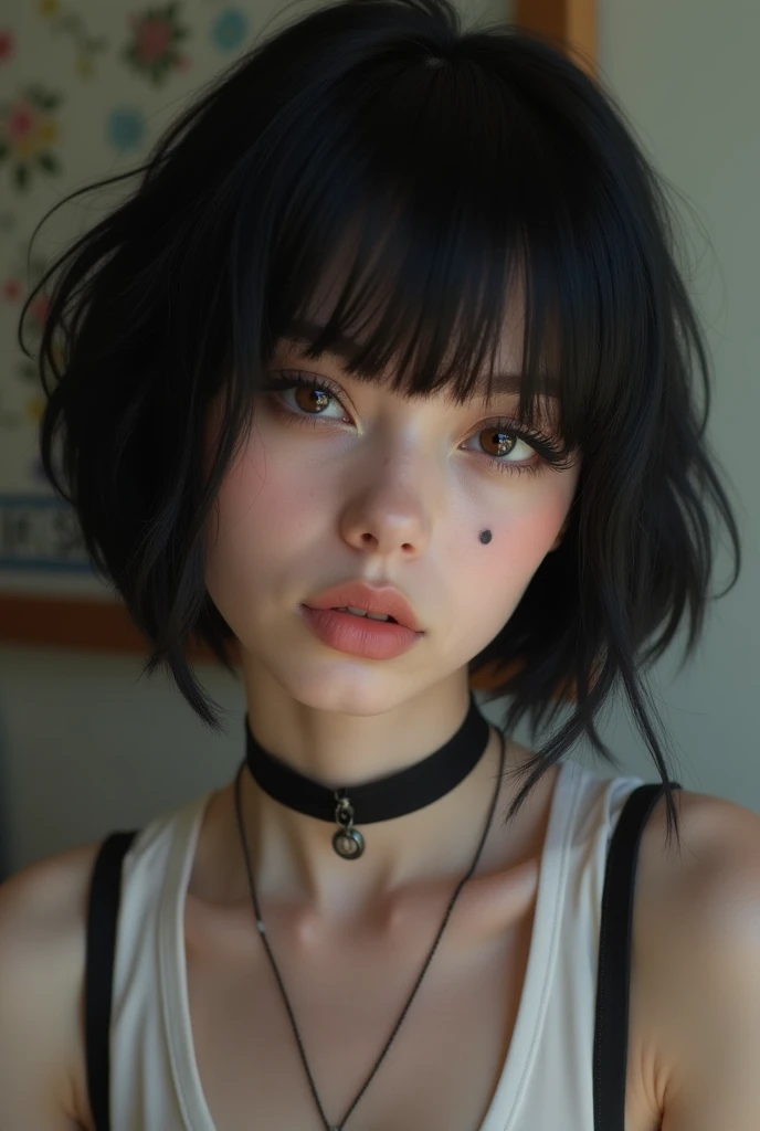  A very pretty and ultra realistic ager, Short hair of 50 in the color black, with an eyeliner on the eyes ,  in her room, opaque light, with y2k style,  white skin, dull brown eyes . With a black garter on the neck. Wolfcut hairstyle , A very small mole o...