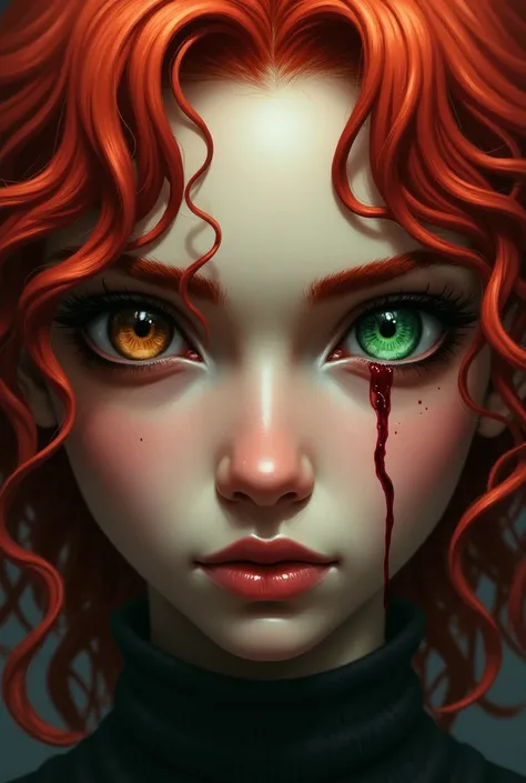 A young redheaded woman with very strong curls, Her one eye is brown and the other eye is green. Above the green eye is a long , Collected scar up to the eyebrow.