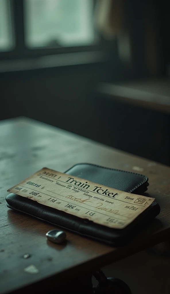 On a blurry table lies an old, winged train ticket, a woman's wallet.. 