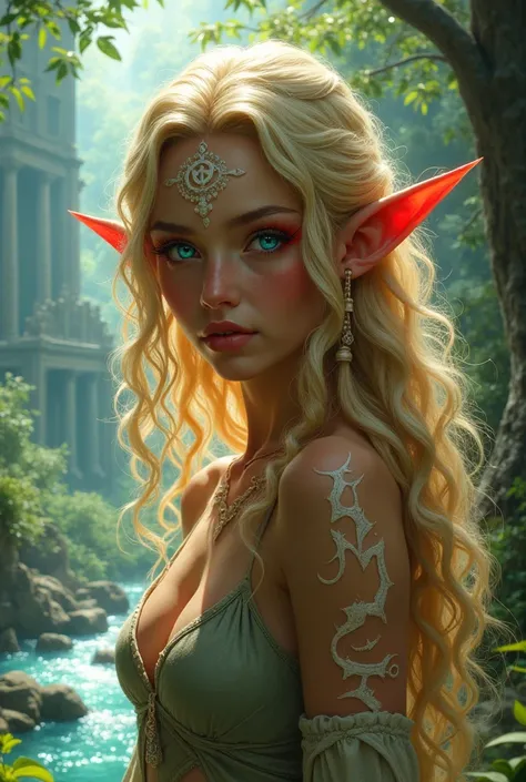 In the style of Zelda, A blonde elf with brown skin.  long hair,  blonde and curly , blue eyes with red eyeliner. White elven runes on your skin. Same as Zelda