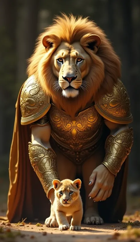 A majestic lion, dressed in intricately engraved gold armor, confidently steps towards the viewer, exuding an aura of power and regality. A small lion cub walks nearby, its playful steps contrast with the domineering presence of a lion. The lion's golden a...