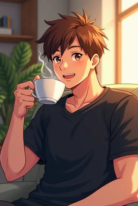 Create the anime image of a 22-year-old male in a black jersey and athletic size, greeted oval face ,  brown hair, Drinking coffee at home , anime style you name ,  panoramic image  