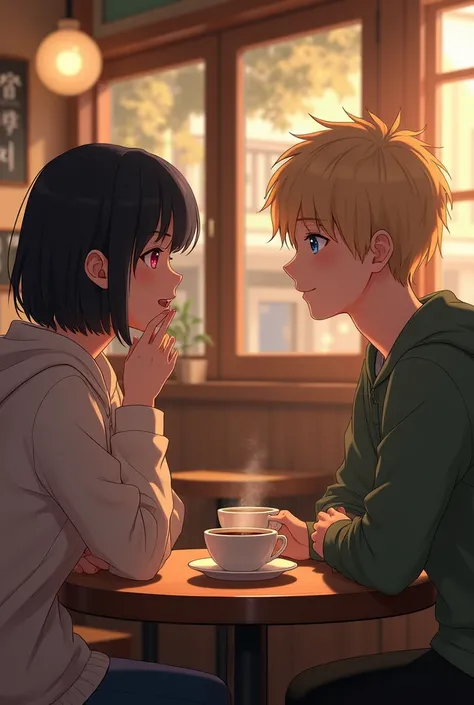 A teenager from Tokyo , black-haired pink eyes  , white skin, sitting in a coffee shop with a blue-eyed blond boy in front of her seat drinking coffee