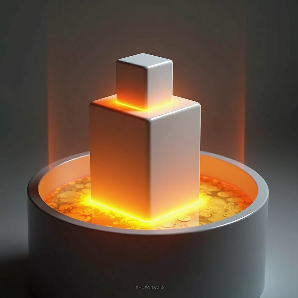 A ceramic cube, which stands in a flat metal tank. The tank is filled with a glowing, liquid melt and reaches up to half the height of the ceramic cube. 