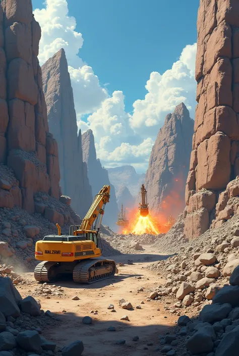 Create an image of rocky terrain that needs excavation with explosives to build on the animation-style image 