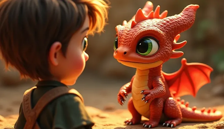 The baby dragon (its scales a dazzling blend of fiery red, deep gold, and emerald green. Its eyes, bright as molten gold), wobbles toward Max, a  young boy with messy brown hair, a tattered tunic, and bright green eyes filled with wonder, tilting its head ...