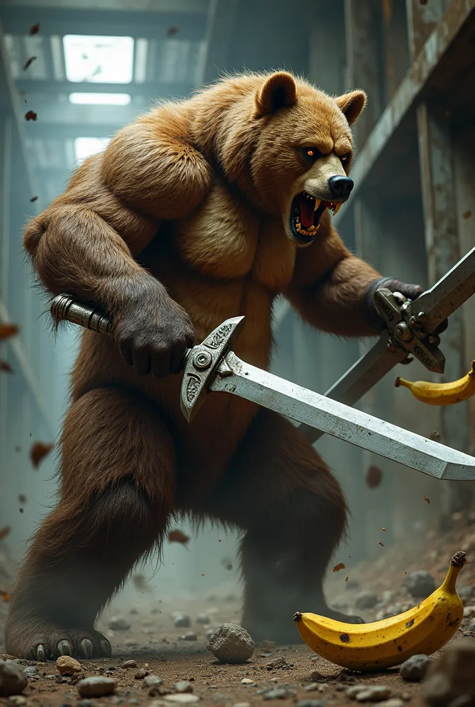 Brownslaughterhouse Bear wields swords and fights with banana banana wraps