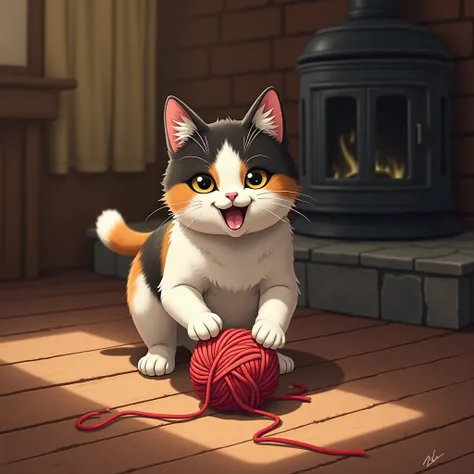 tricolor cat, white black and brown, playing with a yarn,  wooden floor , chimney,  Yu-Gi-Oh card style  