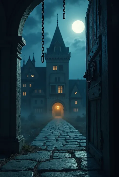 . Mysterious view of the palace

Prompt :
" A mysterious deserted castle in the moonlit night. A large chain hangs at the door of the palace. The light is shining somewhere inside the palace, as if someone lived there. Whispers are heard in the air. The sc...