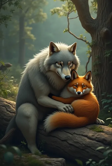 Wolf and Fox huddled together on a fallen tree trunk