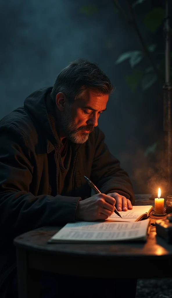 A man writing a book, on the table, Pen on fire, dark mood