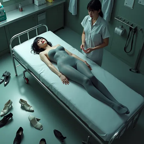 Big scene，High viewing angle俯视，, and a large stainless steel autopsy bed is placed in a morgue，High viewing angle，A dead Chinese girl lies in bed，The little one is about 150cm，, thick gray tights all over the body, which are not permeable ， not wearing sho...