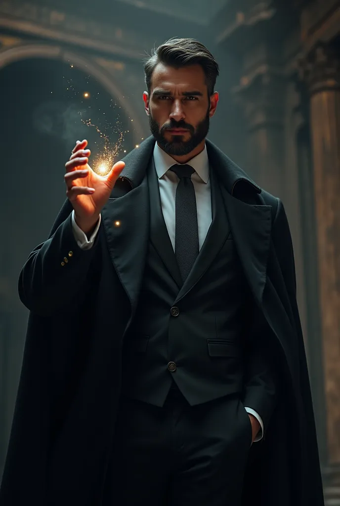   A handsome wizard with a short beard who wears a black robe and a black suit with a dark gray tie on the bottom , Use magic to nap a handsome mature man