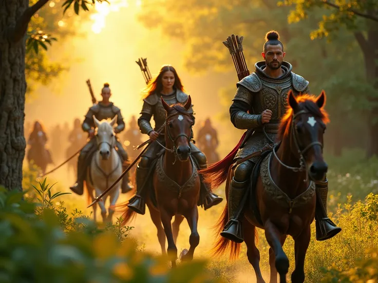 Forest in warm tones with warriors on horseback men and women with bows and dates,  best quality 8k, realistic with well-defined faces, loose hair and short haired men