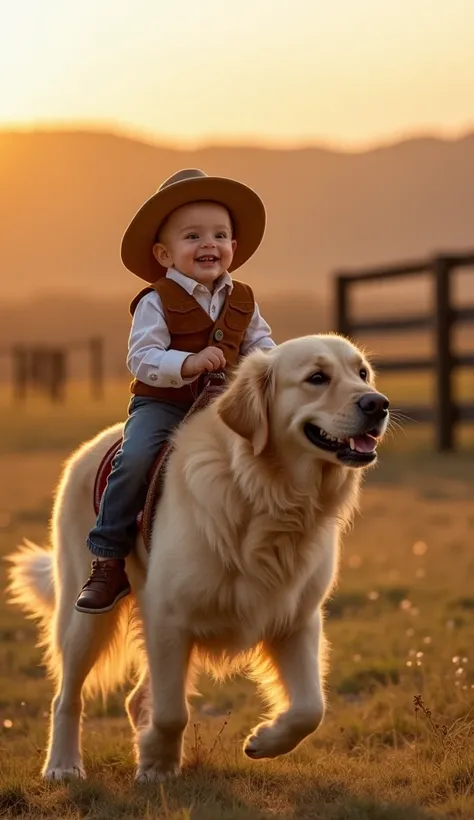 A baby wearing a mini cowboy hat and a suede vest happily rides on the back of a giant, furry Golden Retriever. The dog walks along calmly, while the baby holds onto a leash as if he's riding. His little face is beaming with joy, and the dog looks back wit...