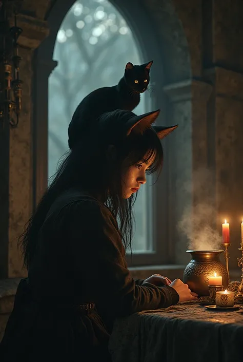 A dimly lit room with candles,and couldron, and a young witch sitting with a black cat perched on her shoulder