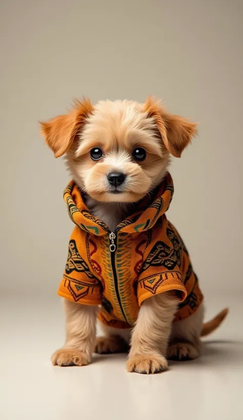 Picture of a baby dog standing with African fashion clothes