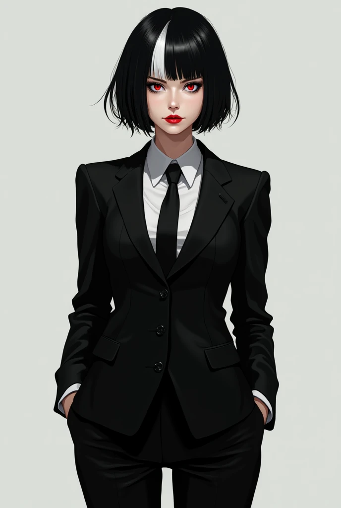 Create the image of a woman with short black hair with square bangs,  with a white patch in the hair ,  red eyes,  black makeup and red lipstick, wearing a black suit and tie , hands in pockets, realistic aesthetics , real,  full body