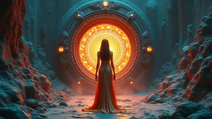 Photo of A unique room door at a pandora planet, where a sexy indian girl standing in a beautiful half dress, dynamic style, realistic cinematic style, 4k ultra HD quality in 3d