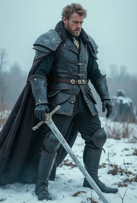 Tall and strong handsome man with short curly blonde brown hair with a short beard wearing armor wearing a Victorian suit with a tie wielding a sword wrapped in ice with his enemies lying on the ground on a battlefield