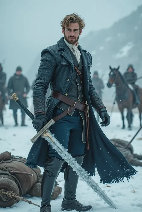 Tall and strong handsome man with short curly blonde brown hair with a short beard wearing armor wearing a Victorian suit with a tie wielding a sword wrapped in ice with his enemies lying on the ground on a battlefield