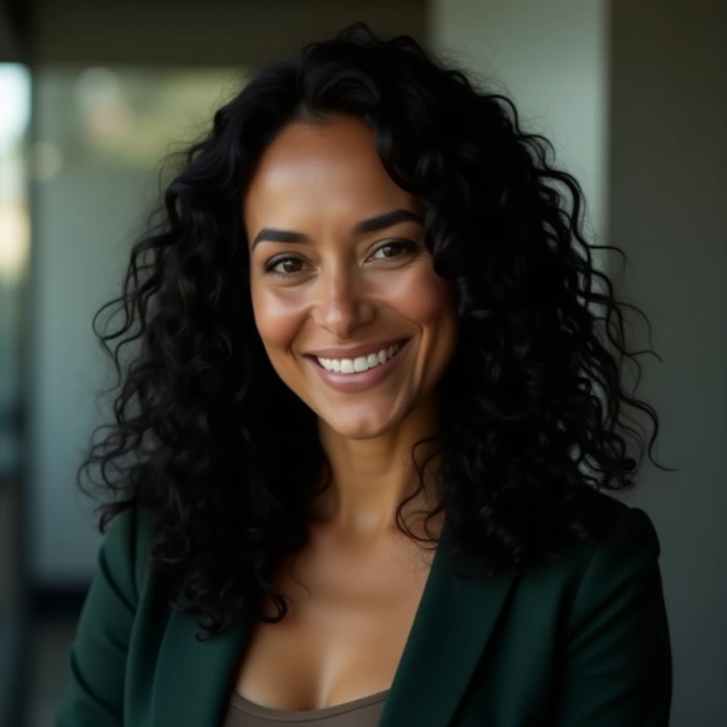  A Brazilian woman with black hair, long and slightly curly,  dark brown eyes,  oval-shaped face,  white skin. Wearing a dark green blazer with a tank top underneath. In an executive professional environment . with a close up capturing the harmonious beaut...