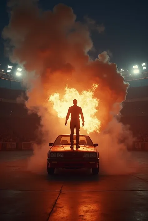 arafed 1987 GNX with a person with super power energy on top of it in a stadium, concert footage, youtube video screenshot, stunning cinematography, performing a music video, stunning moody cinematography, 2 0 2 1 cinematic 4 k framegrab, concert documenta...