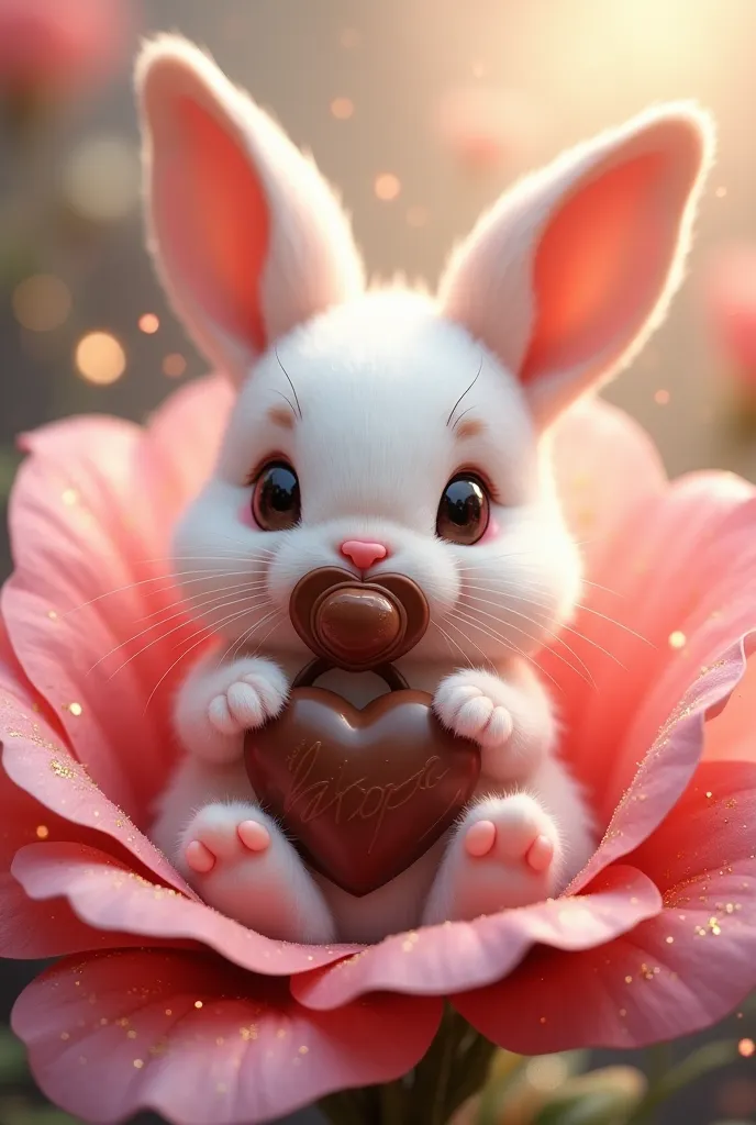 Bébé lapin tout mignon avec une tétine en chocolat tenant un coeur en chocolat dans une fleur avec des paillettes