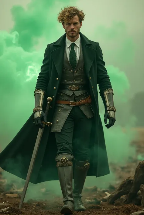 Tall and strong handsome man with short curly blonde brown hair with a short beard wearing armor wearing a Victorian suit with a tie wielding a sword wrapped in green fire with his enemies lying on the ground on a battlefield