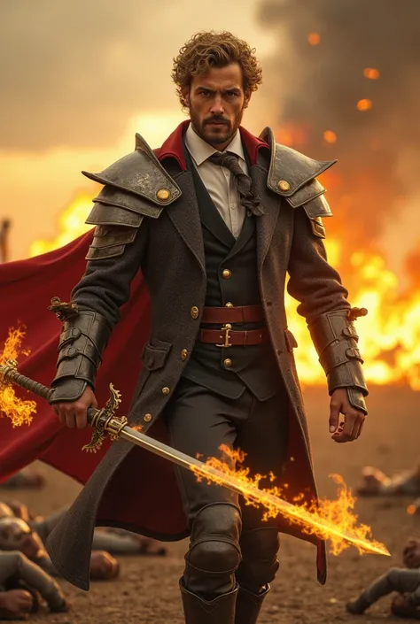 Tall and strong handsome man with short curly blonde brown hair with a short beard wearing armor wearing a Victorian suit with a tie wielding a sword wrapped in yellow fire with his enemies lying on the ground on a battlefield