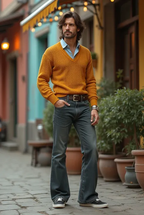  A guy in flared pants ,  in both sneakers and a knitted sweater ,  The sharp shirt collar was released from under the sweater,  medium-length hair beautifully combed on the side . 1970s 