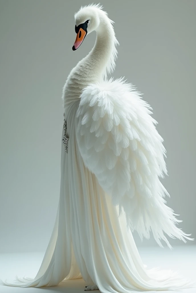 A tall white swan with the body of a human , wearing a white dress with a real and realistic shiny diamond 