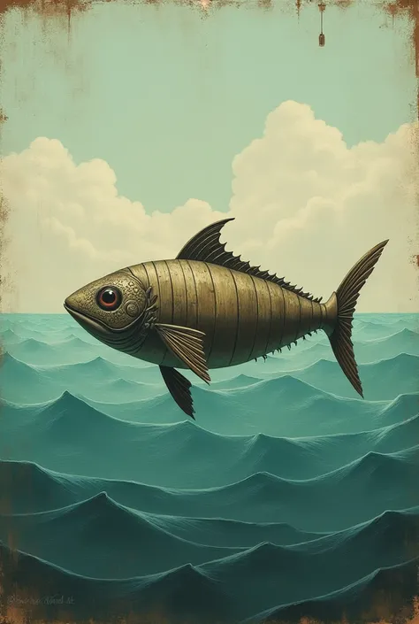 Old painting of a fish that looks like a boat with paddles instead of fins that floats on the sea