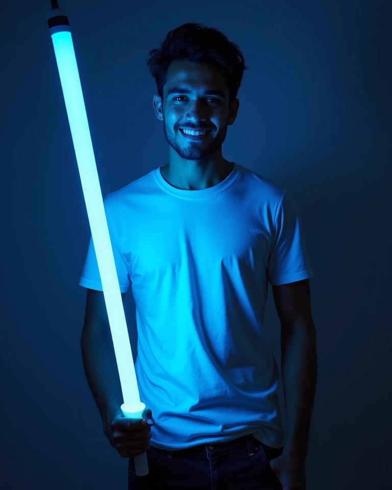 1 sexy smiling Brazilian guy, 30yo, with short hair, and a white t shirt, and a black jeans pants, The guy has 1 long tube neon blue  light in the hand. The blue light reflects on the guy. Realistic image.