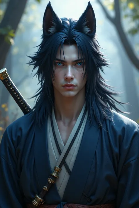 A fair-skinned half-wolf human with straight hair, black and slightly blue (dark) Half-light blue eyes, And he's also a samurai and wears a katana around his waist 