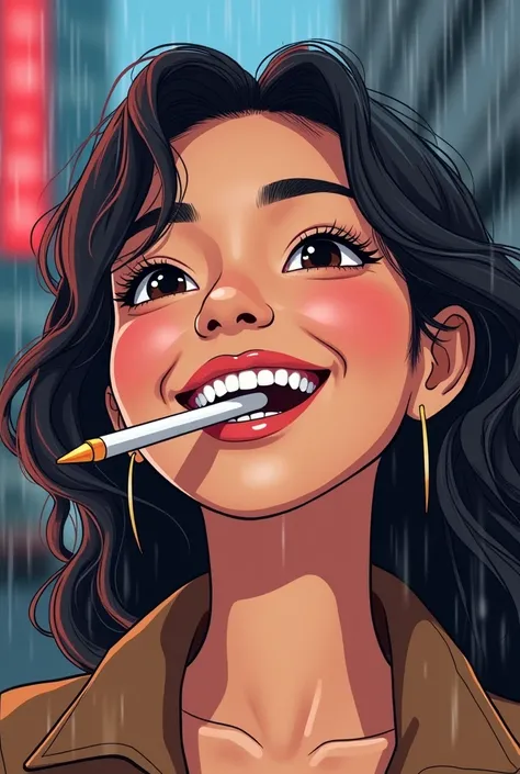 Tip: A very lovely  beautiful Asian American woman being happy alone in Downtown San Diego in the rain.. The illustration is a high definition illustration with 4k resolution., with highly detailed facial features and cartoon style visuals, close up of a w...